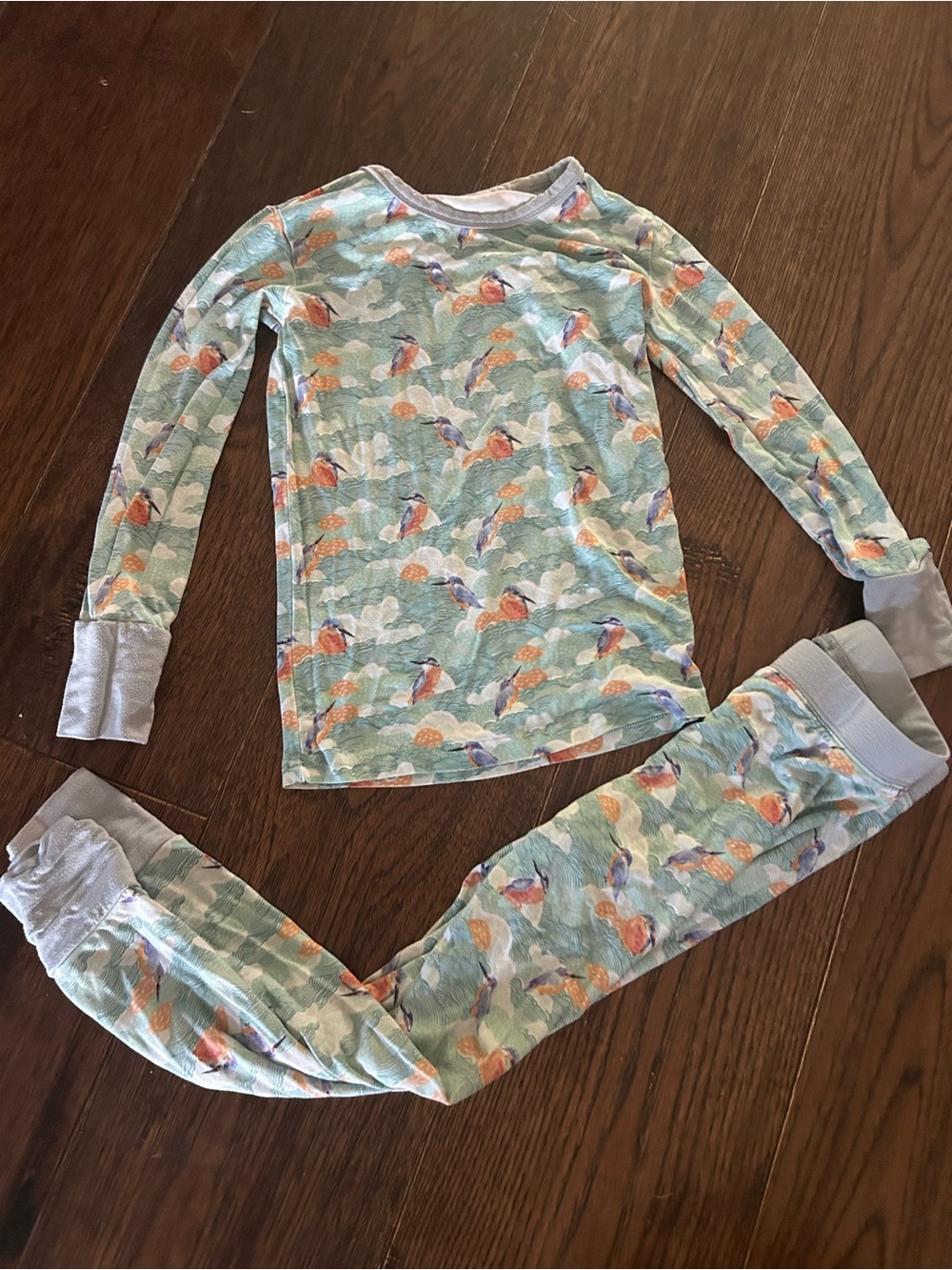 Kids Light Teal Bird Print Pajama Set